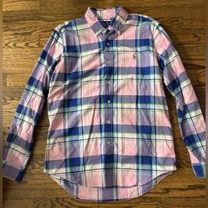 Ralph Lauren Men's Pink and Blue Plaid Shirt Size Medium